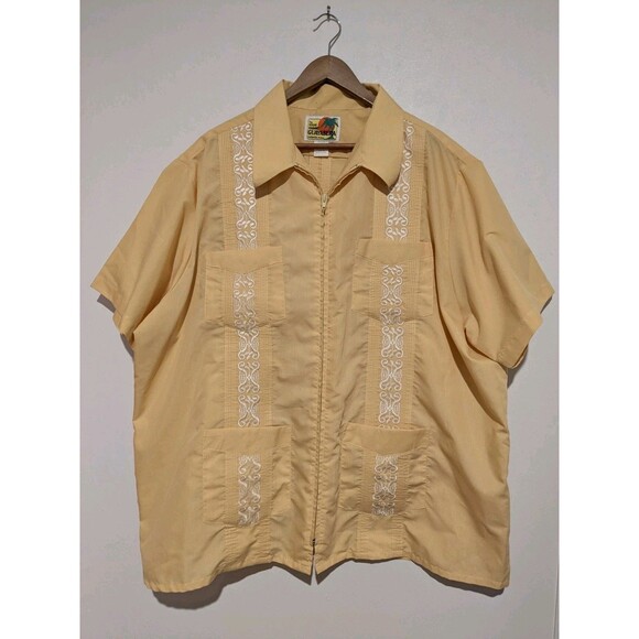 Men's Haband Guayabera Zip Front Shirt XXL Yellow Vintage 80s 2X Emb Pockets - Picture 1 of 5